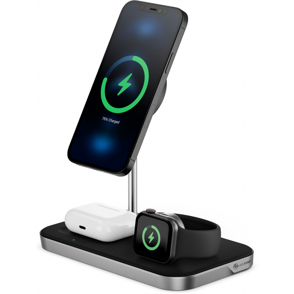 Беспроводное зарядное устройство Alogic MagSpeed 3 в 1, с поддержкой MagSafe, 15ВТ. Цвет черный.